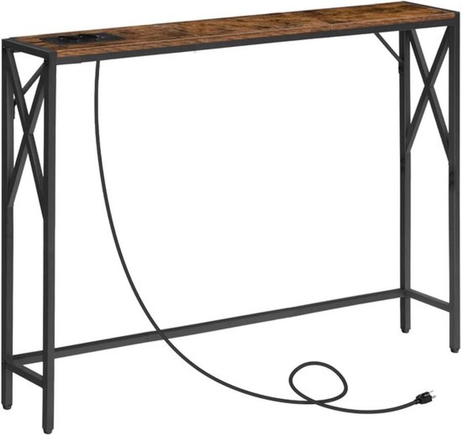 PolkaHome Consoletafel met laadstation ingang smalle consoletafel haltafel bijzettafel voor entree woonkamer hal vintage bruin en zwart
