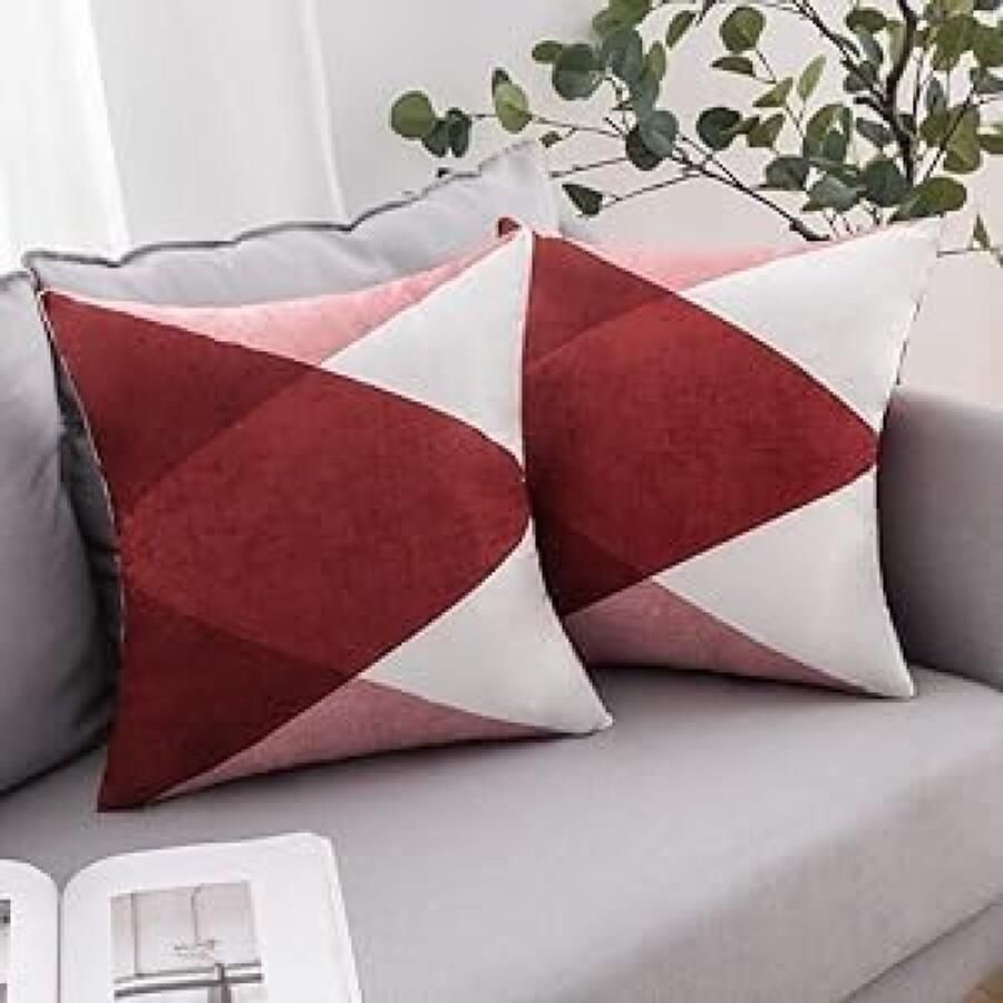 PolkaHome Decoratief Kussenhoes Set van 2 Geometrisch Patroon Scandinavisch Design Zacht Materiaal Bordeauxrood 45 x 45 cm Voor Bank Woonkamer en Bed