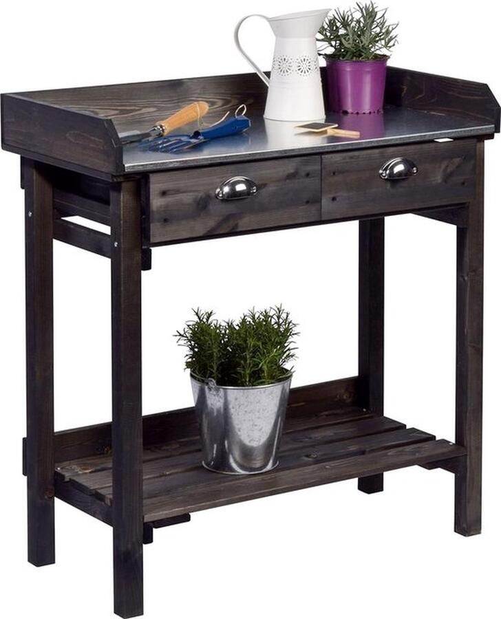 PolkaHome Design plantentafel met 2 laden tuintafel met legplank ompottafel van massief sparrenhout bloementafel voor tuin terras balkon 79 x 39 x 90 cm zwart