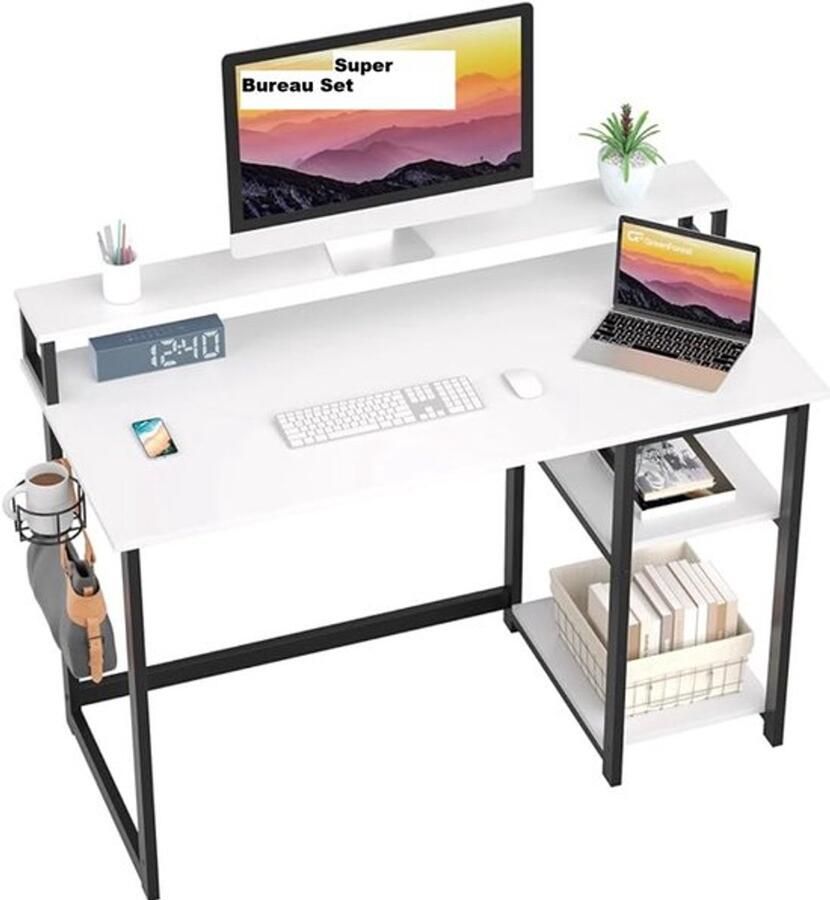 GreenForrest Desk with Monitor Stand Height Adjustable Computer Desk with Storage Bag PC Table with Headphone Holder Small Office Table for Home Office (100 x 50 x 74 cm White)