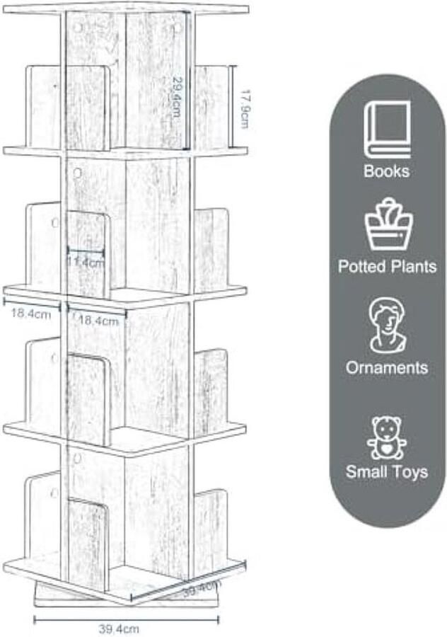 PolkaHome Draaibare boekenkast ruimteverdeler staand rek draairek kantoorrek decoratief rek 360 graden vrij draaibaar met 4 etages MDF naturel 40 x 129 x 40 cm