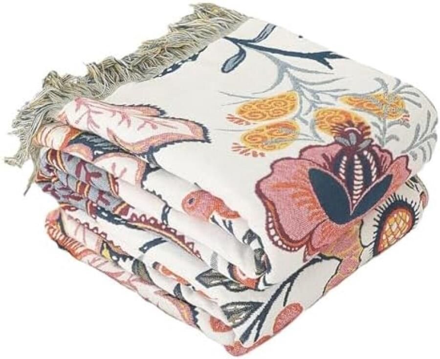 PolkaHome Dubbelzijdige Grote Boheemse Deken 100% Biologisch Katoen Handgeweven Bed- en Bankdeken Gezellig Boho-Accent voor 2-3-Zits Banken en Fauteuils 200x230 cm Granaatbloesem Wit