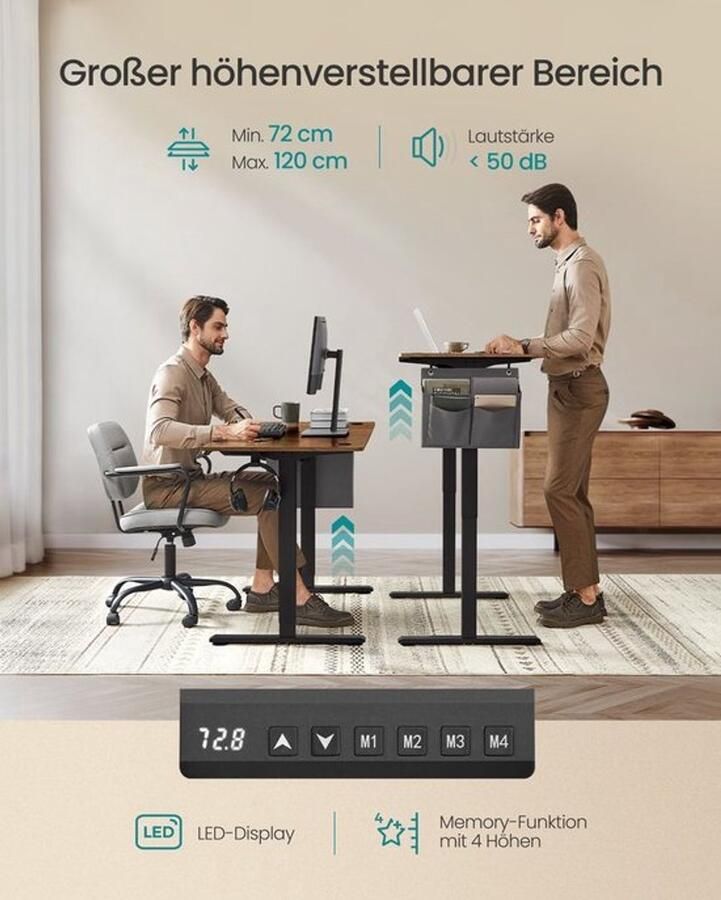 PolkaHome Elektrisch bureau in hoogte verstelbaar 60D x 120W verstelbare tafel geheugenfunctie voor 4 hoogtes vintage bruin-zwart (60-120) cm