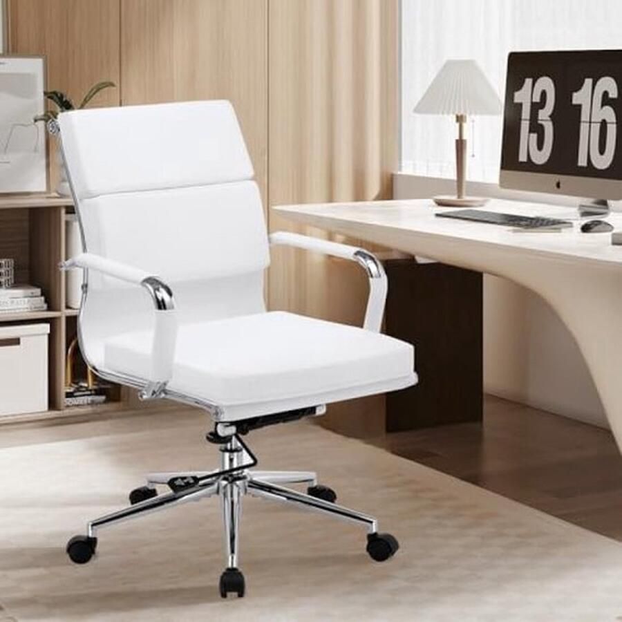 PolkaHome Ergonomische bureaustoel met armleuningen en verstelbare kantelfunctie (wit)