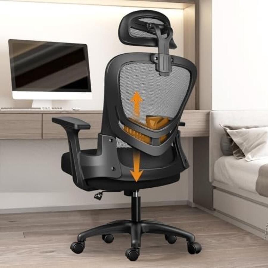 PolkaHome Ergonomische Kantelbare Bureaustoel met Lendensteun en Verstelbare Armleuningen