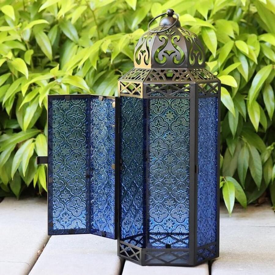 PolkaHome Extra Grote Zwarte Metalen Decoratieve Vloer Marokkaanse Lantaarn Kaars Houder Lamp Indoor Outdoor Home Decor Patio Bruiloften Kobalt