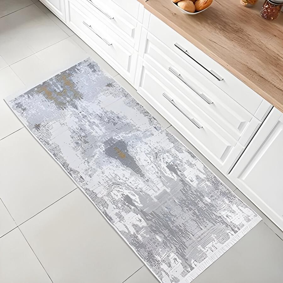 PolkaHome Fashion4Home Vloerkleed Laagpolig Boho Kelim Tapijt Abstract Grijs-Goud 80 x 200 cm Geschikt voor Woonkamer Slaapkamer Hal en Meer