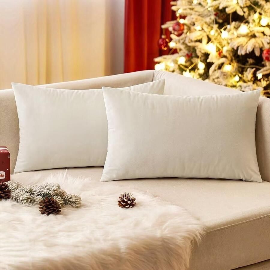 PolkaHome Fluwelen kussenhoes 30 x 50 cm decoratieve kussenhoes voor de bank crèmewit kussenhoes voor in de rug kussenhoes met verborgen ritssluiting voor op de bank slaapkamer set van 2
