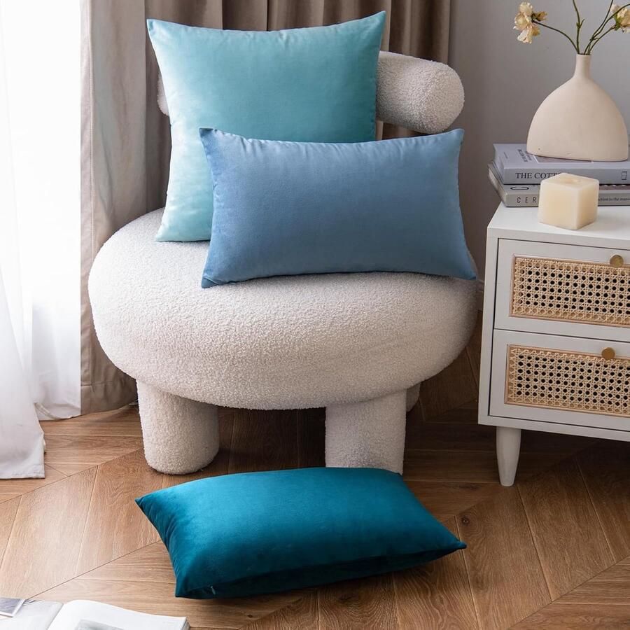 PolkaHome Fluwelen kussenhoes 30 x 50 cm decoratieve kussenhoes voor de bank lichtblauw kussenhoes voor in de rug kussenhoes met verborgen ritssluiting voor bank en slaapkamer set van 2