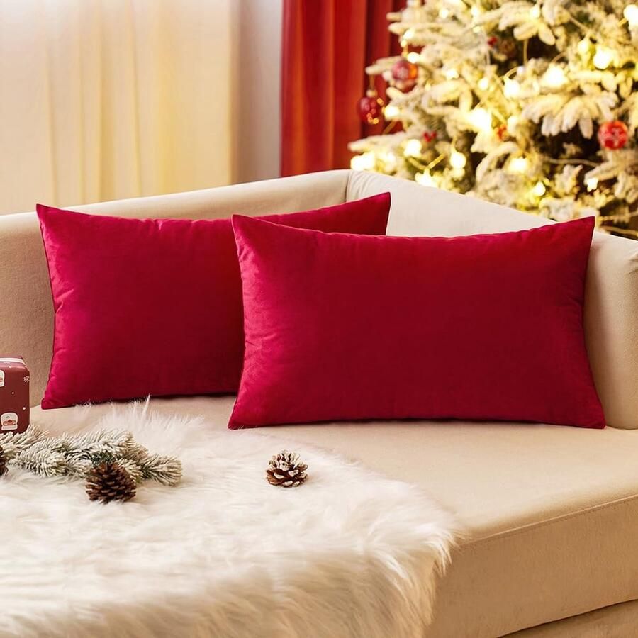 PolkaHome Kussenslopen set van 2 fluweel scharlakenrood decoratief 30 x 50 cm voor woonkamer bank slaapkamer