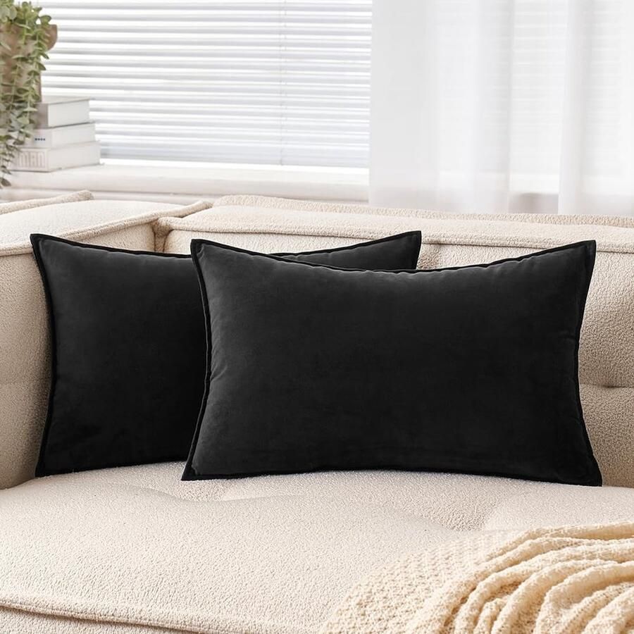 PolkaHome Fluwelen kussensloop 30 x 50 cm decoratieve hoes met omwikkelde rand voor bankkussen sierkussen set van 2 voor bank woonkamer slaapkamer zwart