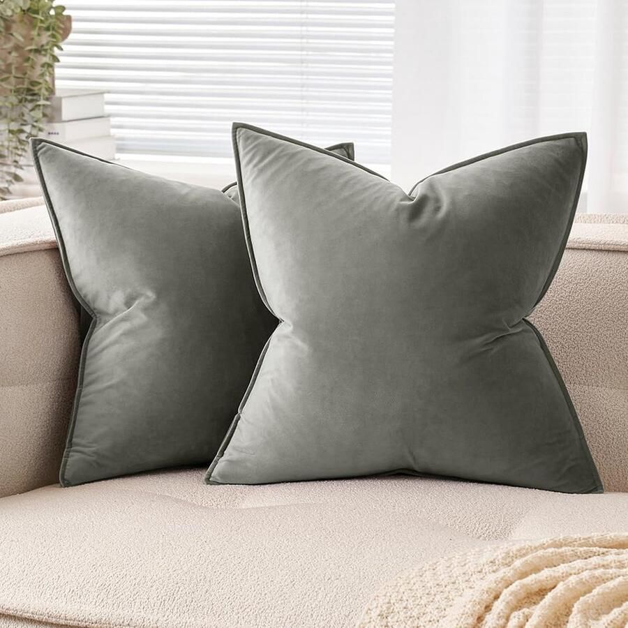 PolkaHome Fluwelen kussensloop 45 x 45 cm decoratieve hoes met omwikkelde rand voor bankkussen sierkussen set van 2 voor bank woonkamer slaapkamer lichtgrijs