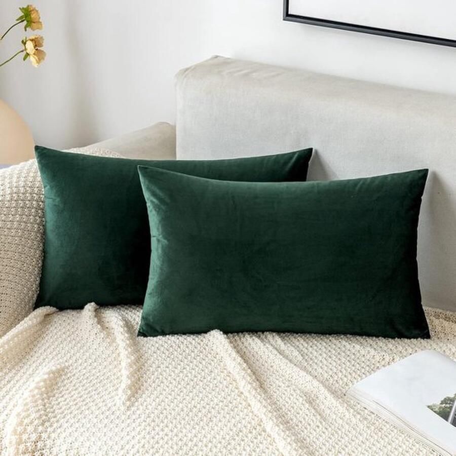 PolkaHome Fluwelen kussensloop 30 x 50 cm decoratief sierkussen donkergroen bankkussen lendenkussen met verborgen ritssluiting voor bank slaapkamer set van 2