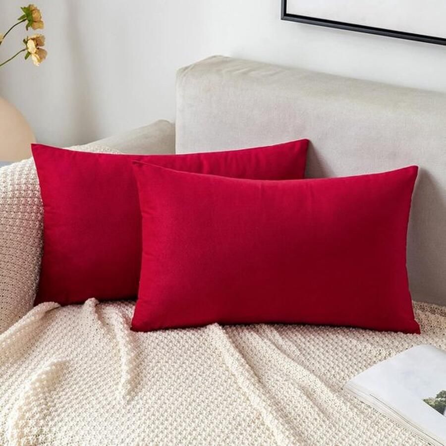 PolkaHome Fluwelen kussensloop decoratieve kussenhoes voor bank lendenkussen kussenhoes met verborgen rits sofa slaapkamer set van 2 40 x 60 cm rood