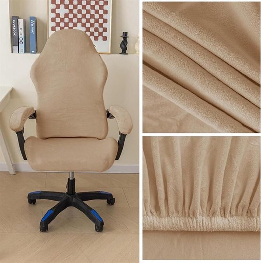 PolkaHome Fluwelen pluche gaming-stoelhoezen 4 stuks bureaustoel draaistoel overtrek met armleuningen stoelrug rekbare stoelhoezen voor computer-speelstoel bureaustoel zonder stoel crème