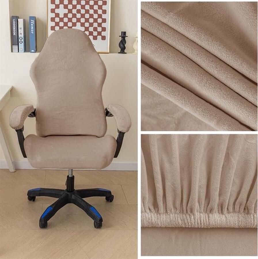 PolkaHome Fluwelen pluche gaming-stoelhoezen gamestoel 4 stuks bureaustoel draaistoel overtrek met armleuningen stoelrug rekbare stoelhoezen voor computer-gamestoel bureaustoel zonder stoel licht bruin