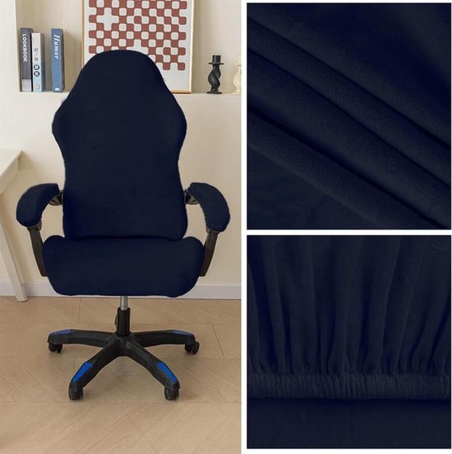 PolkaHome Fluwelen pluche gamingstoelhoezen 4 stuks bureaustoel draaistoel overtrek met armleuningen stoelrug rekbare stoelhoezen voor computer-gamestoel bureaustoel zonder stoel marineblauw