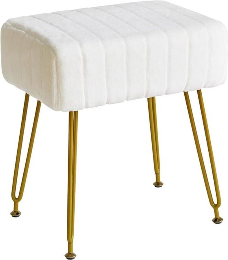 PolkaHome Fluwelen rechthoekige voetensteunstoel Ottoman make-upkruk bijzettafel fluwelen make-uptafel poef bankkruk gouden stalen poten wit L G-51W