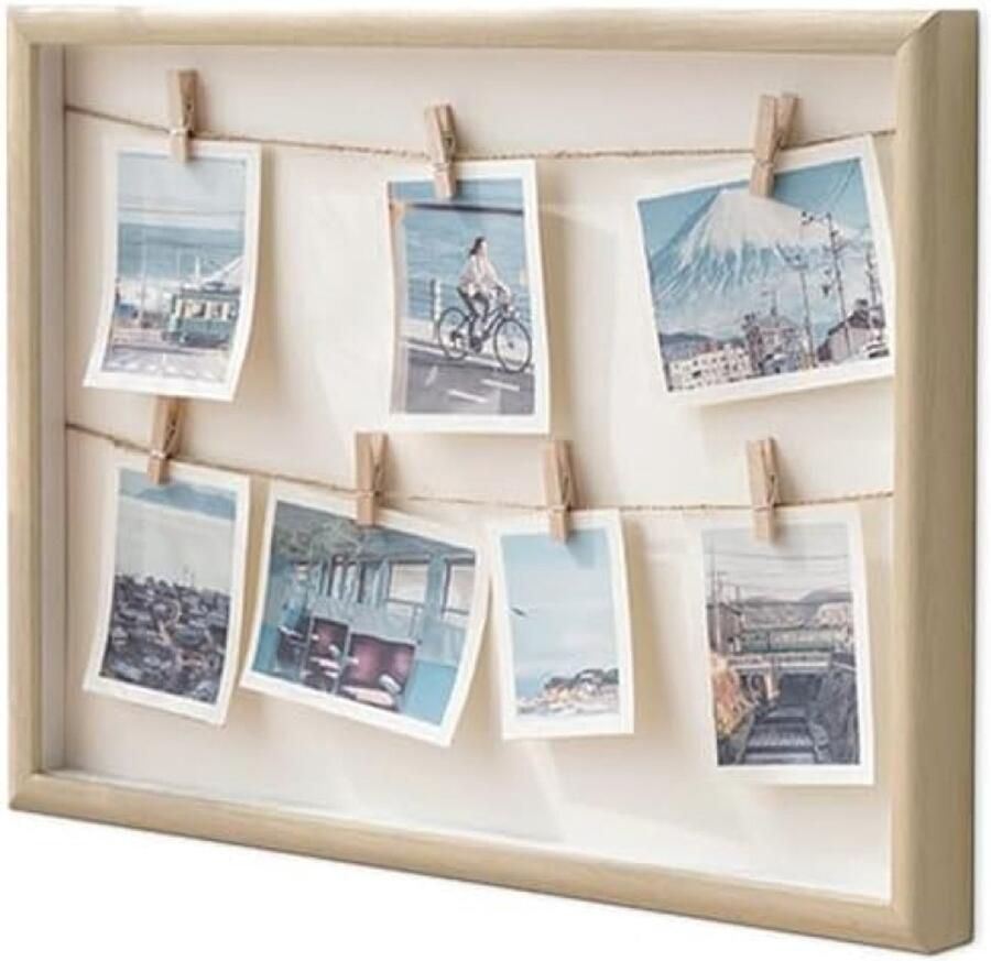 PolkaHome Fotolijst Collage Fotohouder met 7 Houten Clips en Touw Muur of Tafel Decoratie 42x32cm Natuurlijke Houtkleur