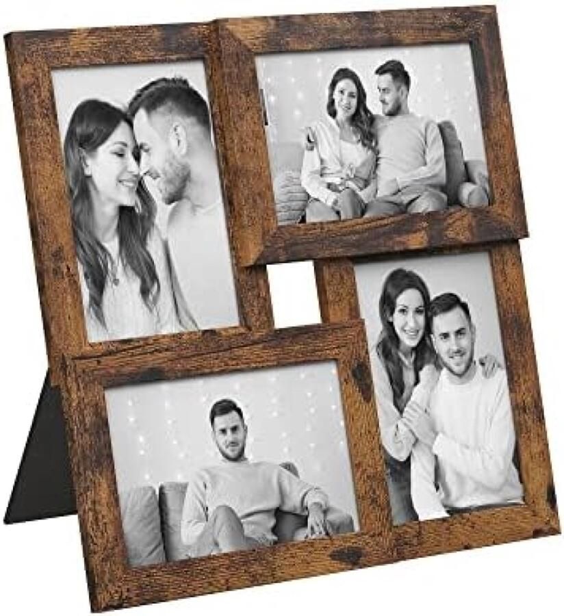 PolkaHome Fotolijst Collage voor 4 Foto's Vintage Bruin Houten Lijst met Glas 10x15 cm Muur of Bureau