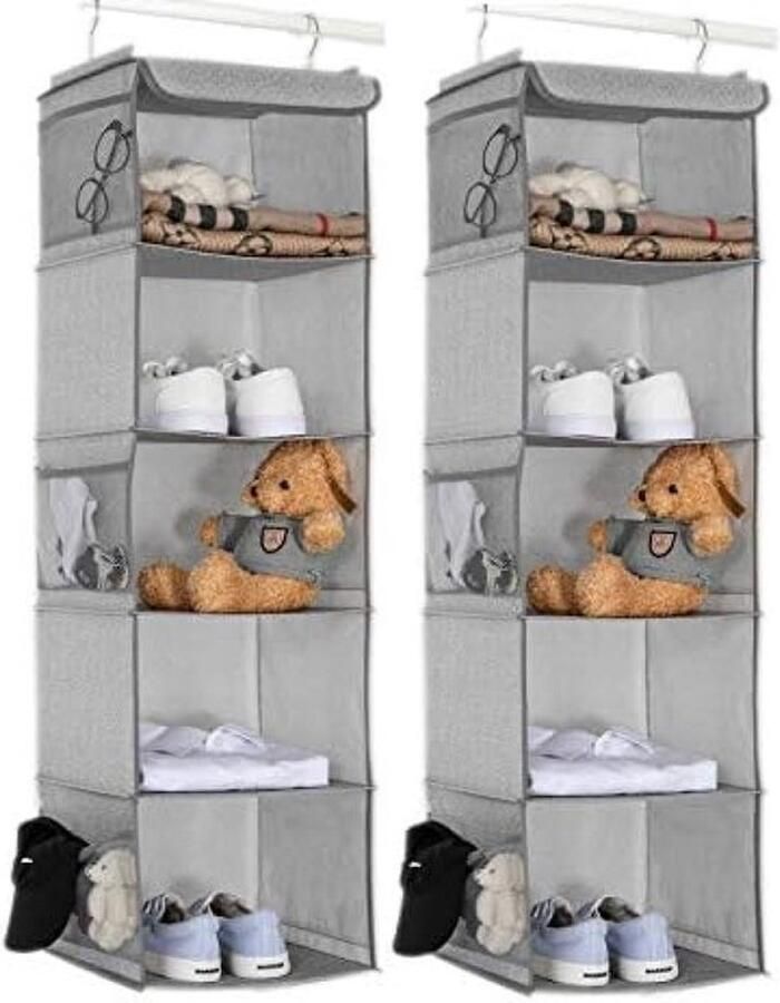 PolkaHome Garderobe organizer set van 2 hangende houder met 5 compartimenten met 6 zijvakken van gaas voor kleding met 2 haken