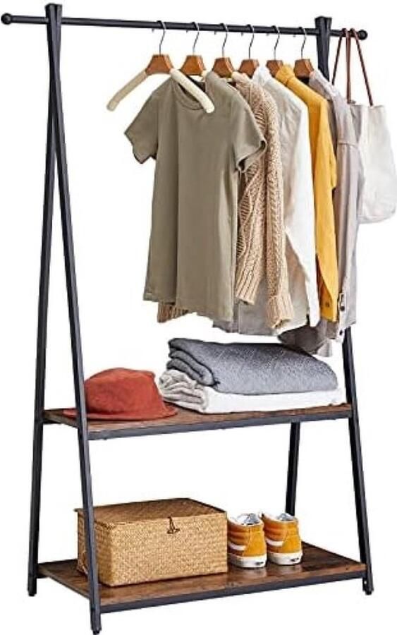 PolkaHome Garderobestandaard kledingrek met kledingstang 103 x 45 x 150 cm industrieel design 2 planken voor schoenen hoeden sjaals hal woonkamer logeerkamer slaapkamer kantoor