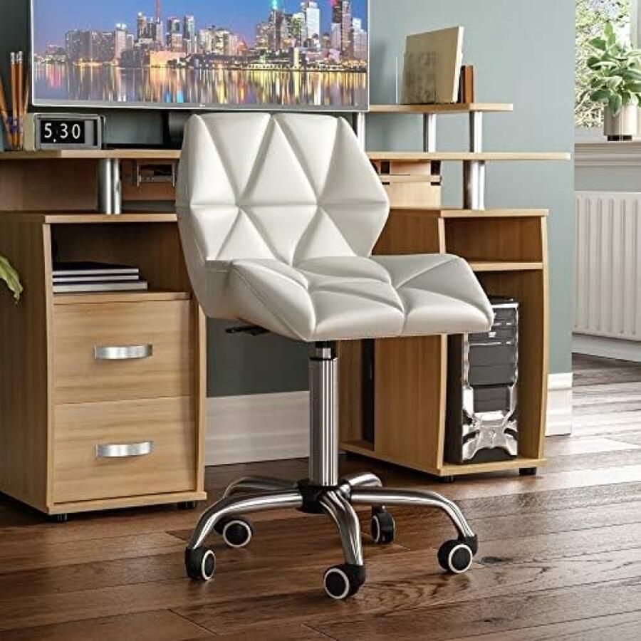 PolkaHome Geo Bureaustoel Wit Gaming Secretaresse Verstelbare Draaibare Benen Lift Chrome PU Faux-Leer