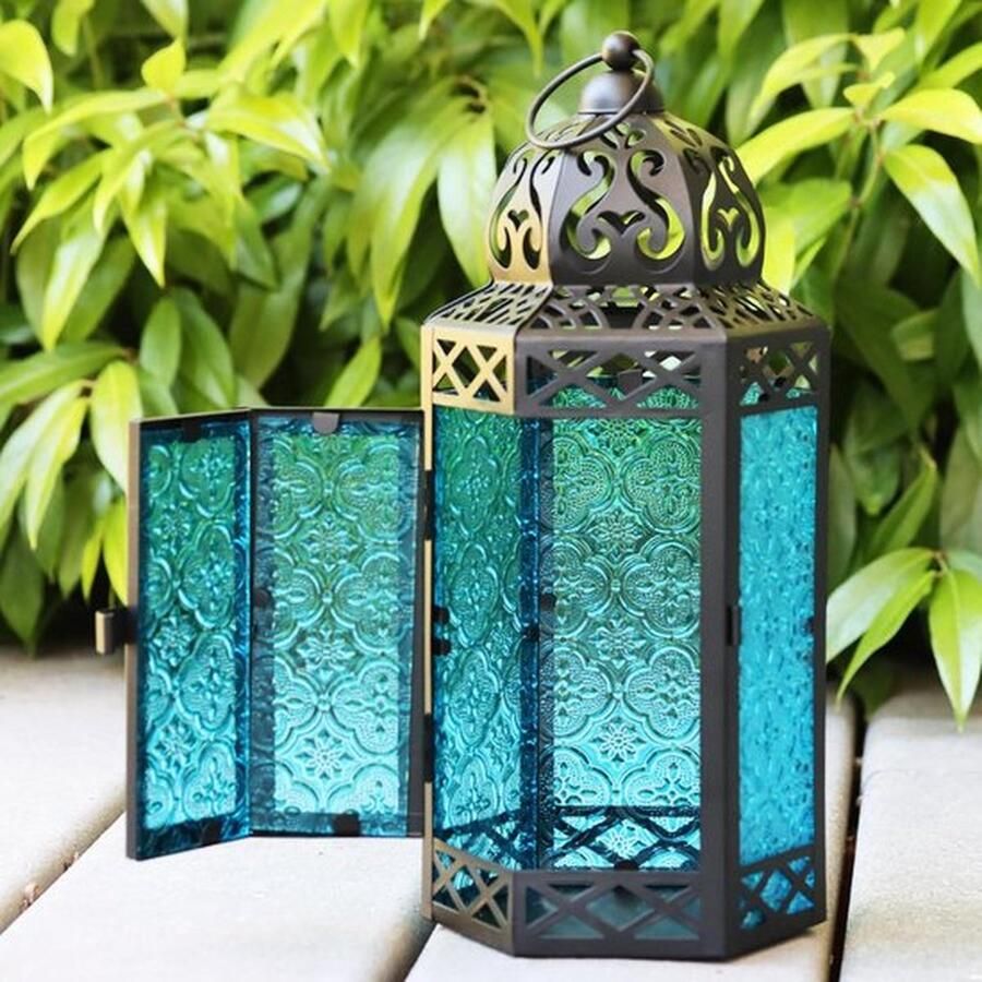 PolkaHome Grote zwarte metalen decoratieve Marokkaanse lantaarn kandelaar lamp binnen buiten huisdecoratie terras bruiloften