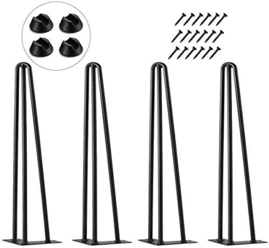 PolkaHome Haarspeld Tafelpoten Set van 4 Metalen Hairpin Meubelpoten met 20 Schroeven & 4 Voetbeschermers voor Salontafels Stoelen Bankjes DIY Zwart
