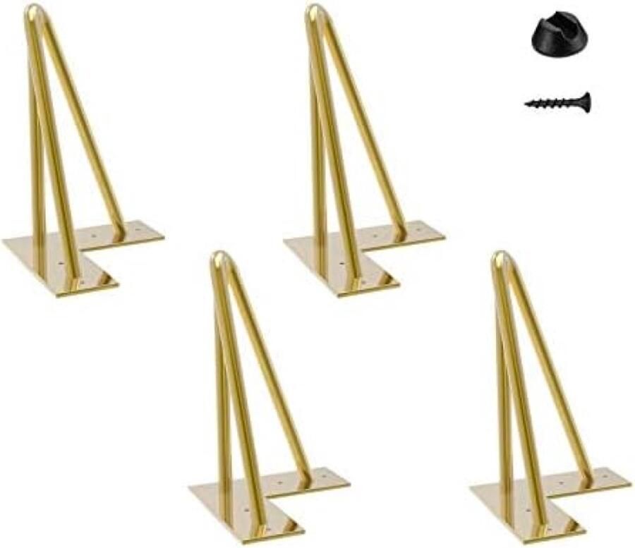 PolkaHome Haarspeld Tafelpoten Set van 4 Metalen Hairpin Meubelpoten met 20 Schroeven & 4 Voetbeschermers voor Salontafels Stoelen Bankjes DIY Goud