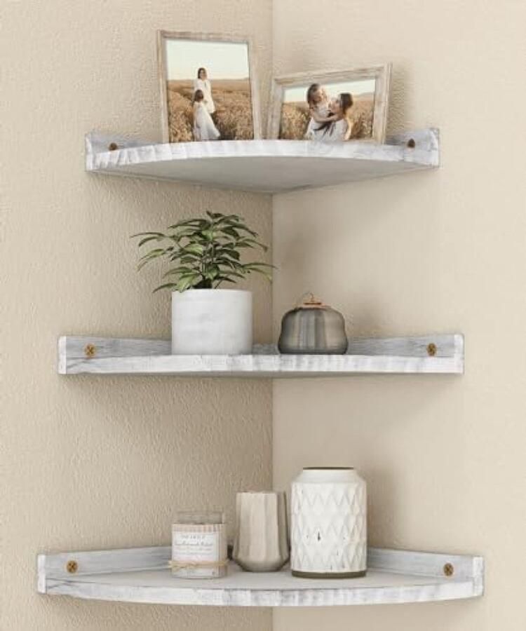 PolkaHome Hangende Hoekplank Set van 3 Massief Houten Zwevende Wandplanken Rustieke Boekenplank voor Badkamer Keuken Slaapkamer of Woonkamer Wit