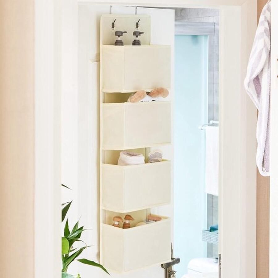 PolkaHome Hangende organisator deurorganizer hangende opberger met 4 zakken en 2 metalen haken hangende plank stevige kledingkastorganizer voor badkamer slaapkamer kinderkamer Beige