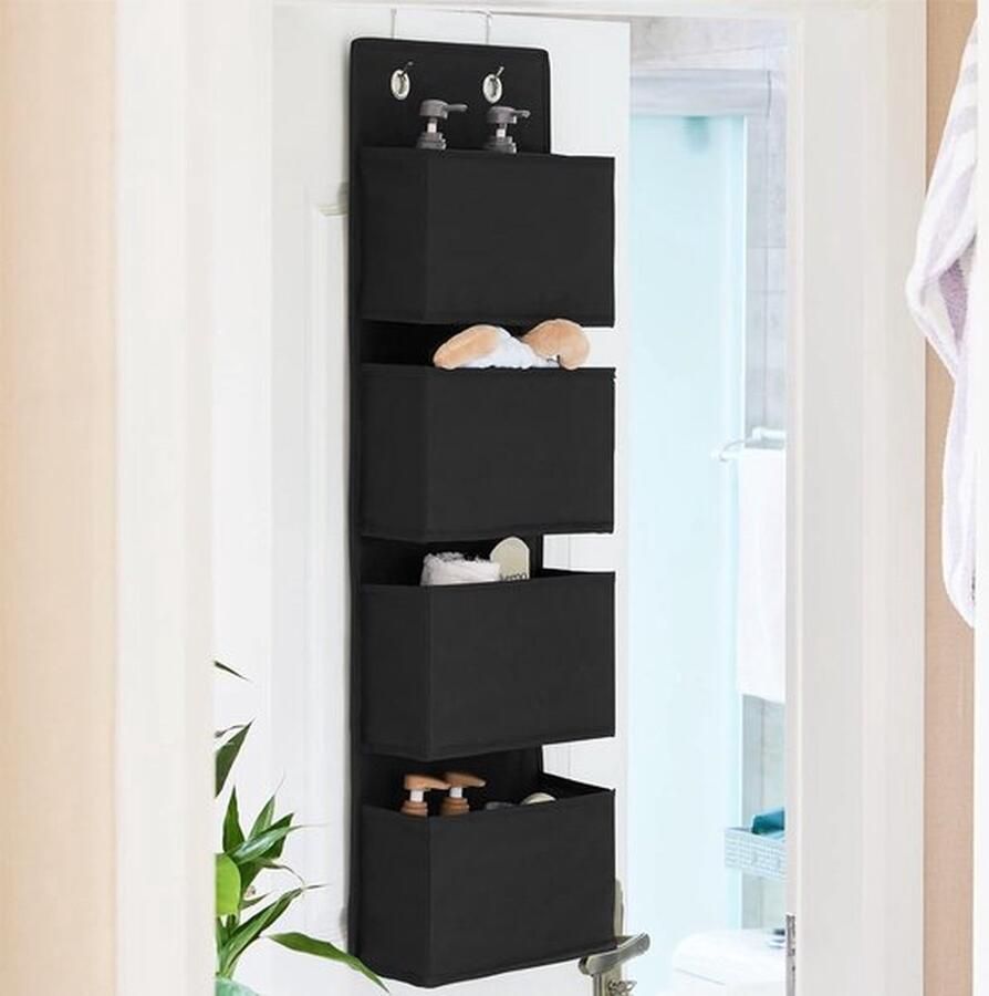 PolkaHome Hangende organisator deurorganizer hangende opslag met 4 zakken en 2 metalen haken hangende plank stevige kledingkastorganizer voor badkamer slaapkamer kinderkamer Zwart