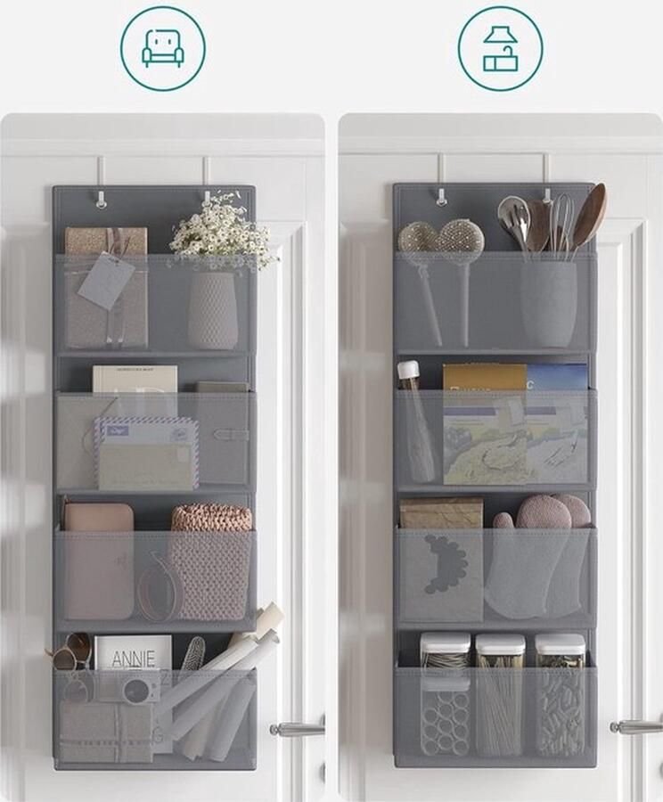 PolkaHome Hangende organizer met 4 vakken hangende opslag voor de deur voor slaapkamer kantoor kinderkamer 33 5 x 12 x 100 cm grijs RDH04G