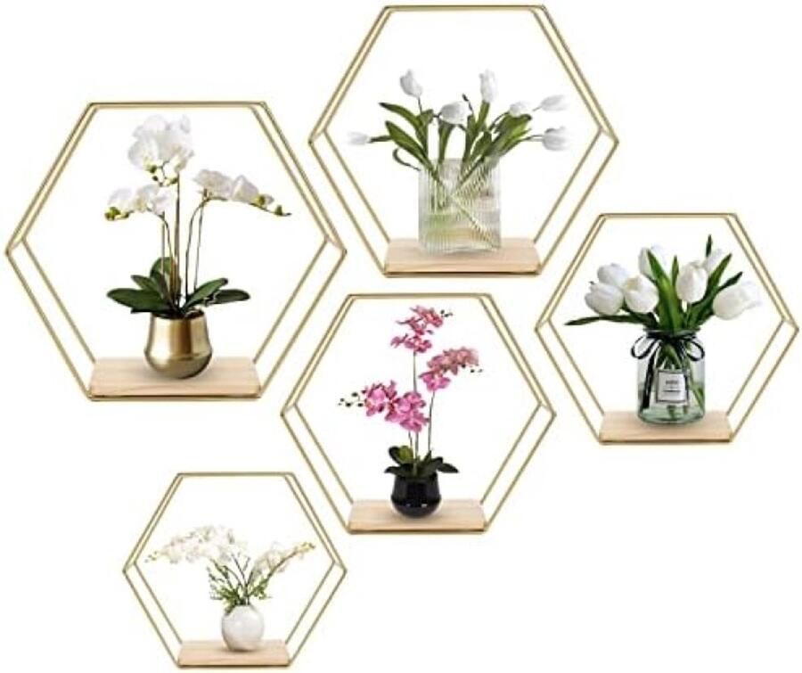 PolkaHome Hexagon Wandrek Set van 5 Gouden Metaal Wandplanken voor Moderne Woondecoratie Geschikt voor Woonkamer Slaapkamer Badkamer en Meer