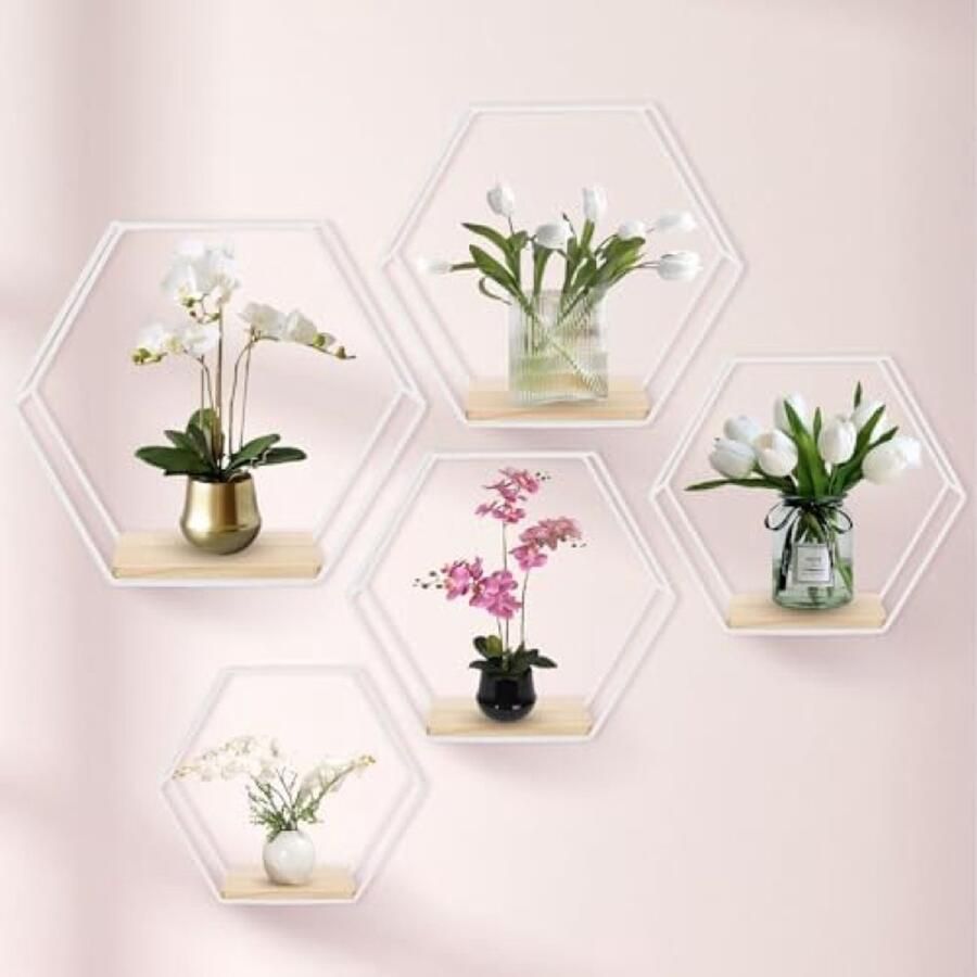 PolkaHome Hexagon Wandrek Set van 5 Witte Moderne Wandplanken voor Woonkamer Slaapkamer Badkamer en Meer Metaal Wanddecoratie met Zwevende Planken