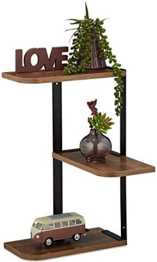 PolkaHome Hoek Wandrek met 3 Planken Zwevend Design 42 5x26 5 cm MDF & Metaal Bruin Zwart Ruimtebesparend voor Woonkamer of Keuken