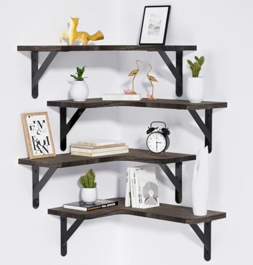 PolkaHome Hoek zwevende planken set van 4 L-vormige houten wandplanken in bruin voor optimale ruimtebenutting in woonkamer keuken slaapkamer of badkamer