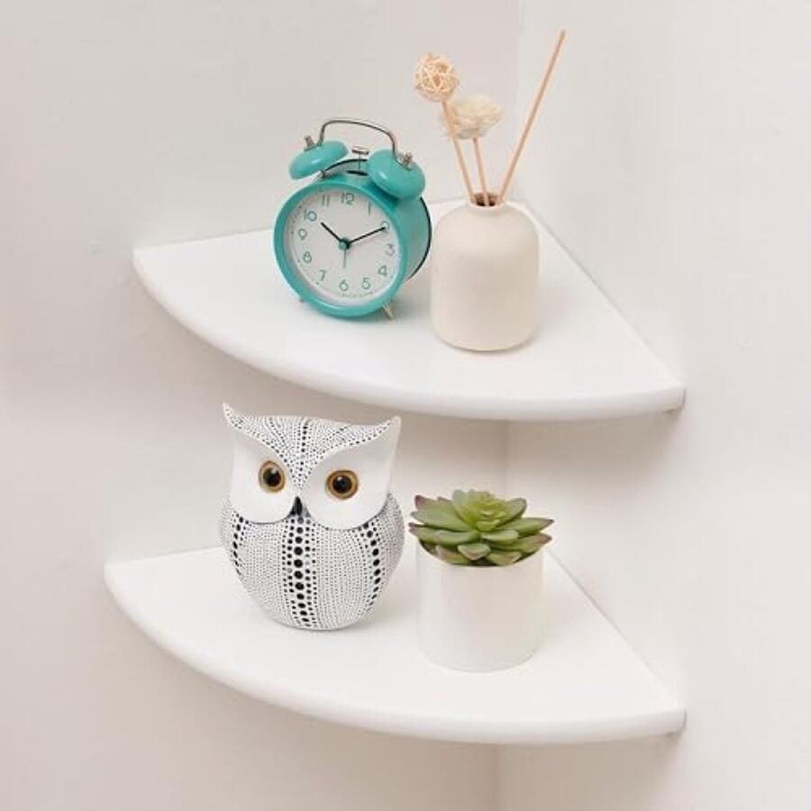 PolkaHome Hoekplank Hangrek Wit Massief Eiken Set van 2 Hoekplank met Ronde Uiteinden Wandrek Vintage Landhuisstijl Opbergplank voor Slaapkamer en Woonkamer 22 cm