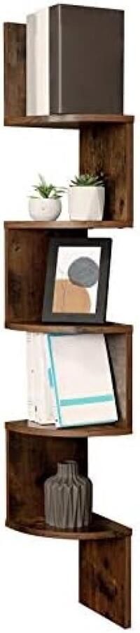 PolkaHome Hoekplank Wandplank 5 Niveaus Zigzag Zwevende Plank Boekenkast voor Keuken Slaapkamer Woonkamer Kantoor Rustiek Bruin