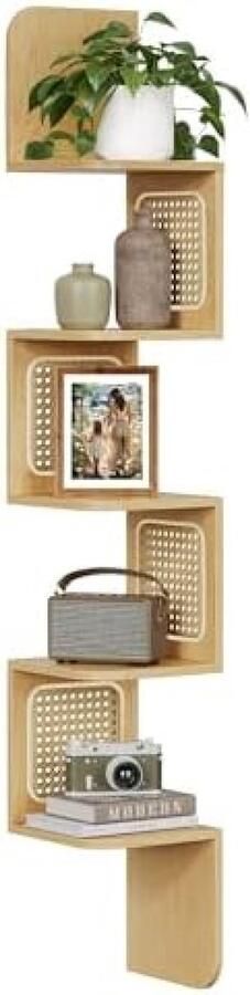 PolkaHome Hoekplank Wandplank 5 Niveaus Zwevende Plank Wandgemonteerde Plank Zigzagvorm PVC Rotan Zijpanelen Ruimtebesparend voor Keuken Slaapkamer Woonkamer Boho Stijl Eiken Beige