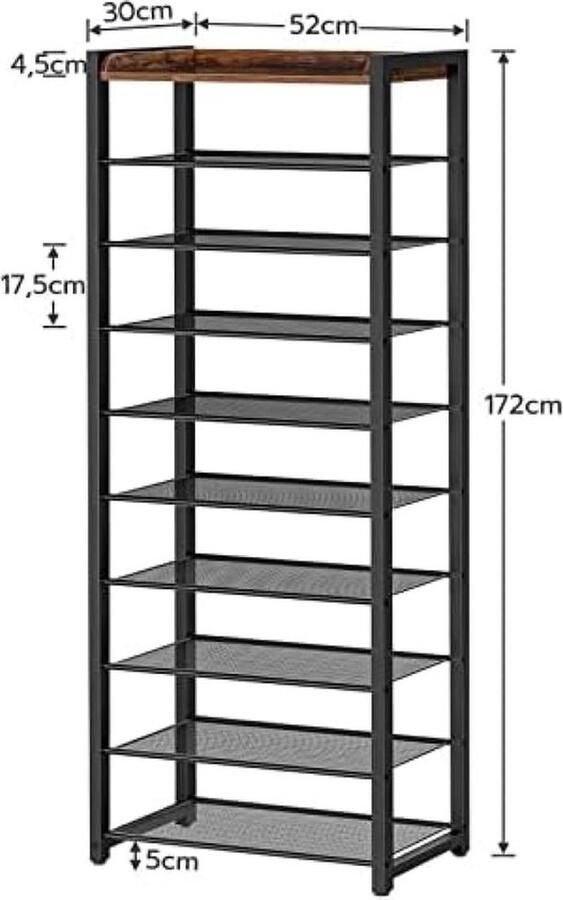 PolkaHome Hoog Schoenenrek met 10 niveaus Smal Schoenenrek Schoenenkast voor 18-25 paar schoenen Ruimtebesparend voor Ingang Hal Woonkamer