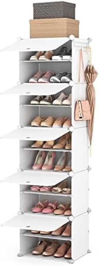 PolkaHome Hoog schoenenrek organizer schoenenkast 10 niveaus 20 paar smal draagbaar schoenenrek organizer voor kleine ruimtes voor slaapkamerkast met 2 haken (wit 1 x 10)