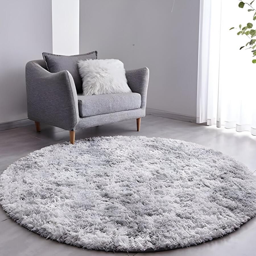 PolkaHome Hoogpolig Vloerkleed Woonkamer Tapijt 150 cm rond lichtgrijs