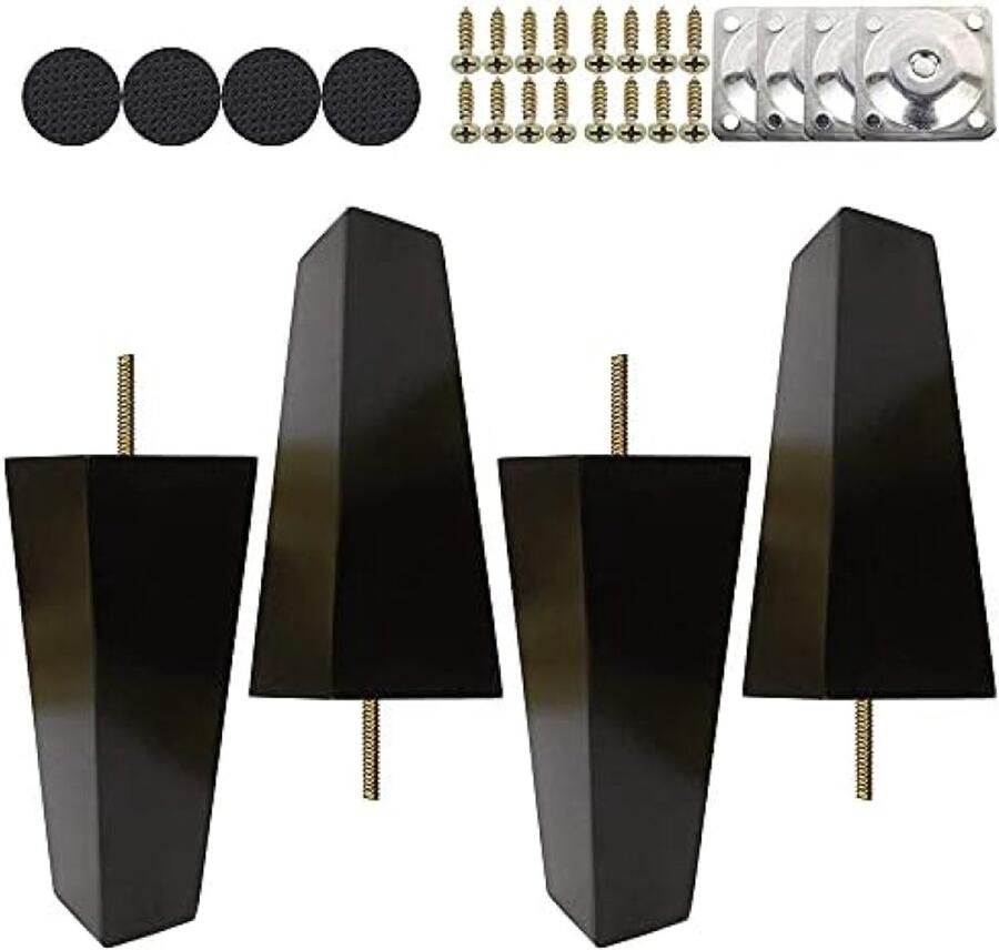 PolkaHome Houten Bankpoten 4 Stuks 6 cm 10 cm 15 cm Vervangende Meubelpoten Zwart Met Schroeven en Viltglijders Voor Bank Bed Kast Bank Voetenbank