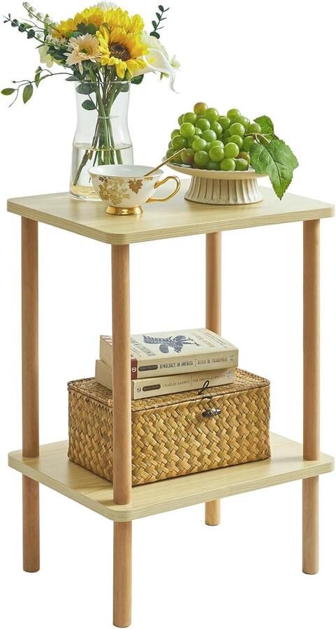 PolkaHome Houten bijzettafel nachtkastje met 2 niveaus 39x29x53cm salontafel banktafel voor slaapkamer woonkamer modern design eenvoudige montage licht natuurlijk