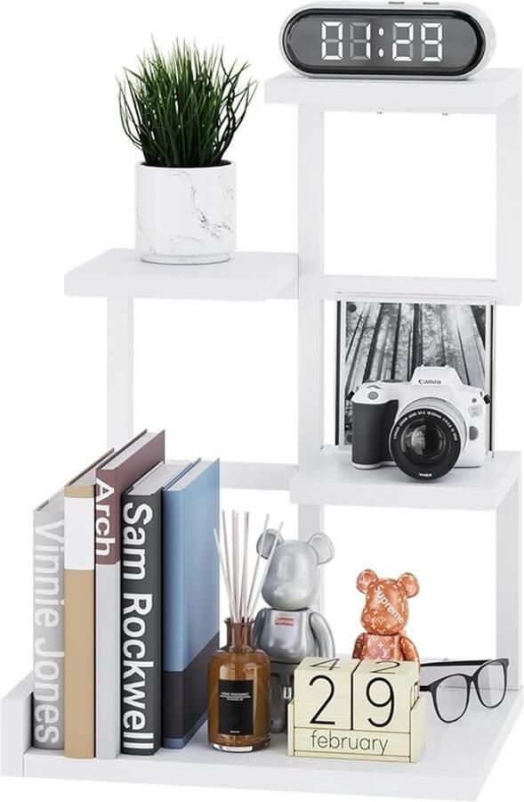 PolkaHome Houten bureaurek 4-laags geheugen displayrek organizer kleine boekenkast met metalen frame voor boeken planten 31 x 24 x 44 5 cm wit