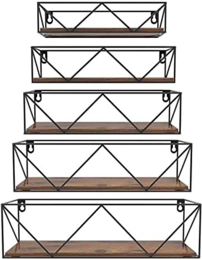 PolkaHome Houten Wandplanken Set van 5 Zwevende Planken met Metalen Beugels voor Keuken Slaapkamer Badkamer en Woonkamer Rustieke Stijl