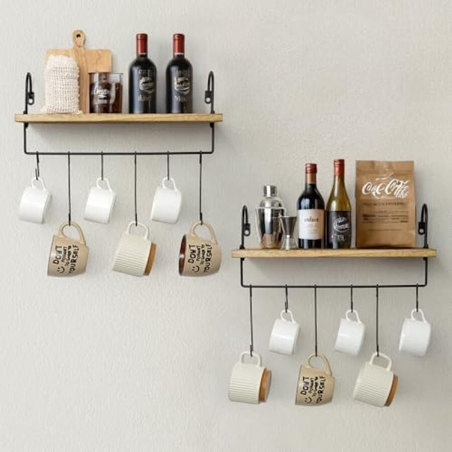 PolkaHome Houten Wandrek Set van 2 Zwevende Planken met Handdoekhouder en Haken Keukenrek Badkamerrek Woondecoratie Vintage Industrieel Design Bruin