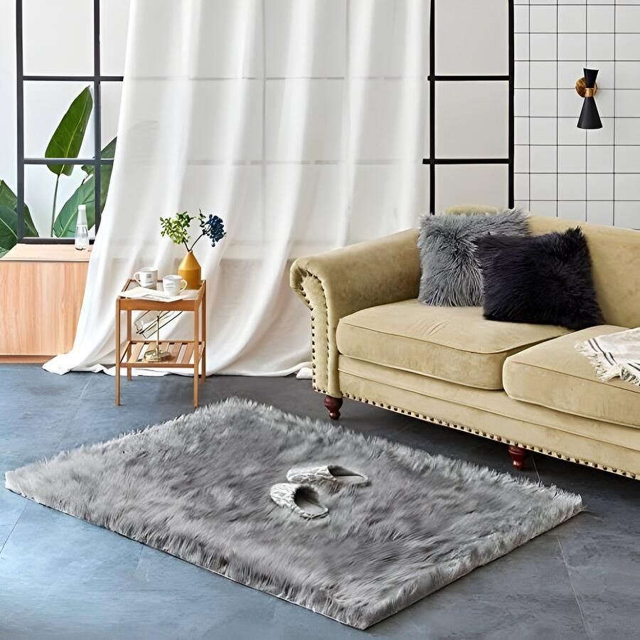 PolkaHome Imitatiebont Tapijt Kunstbont Slaapkamer Woonkamer Wasbaar Bont Tapijt Decoratiebont 120x170cm Donkergrijs